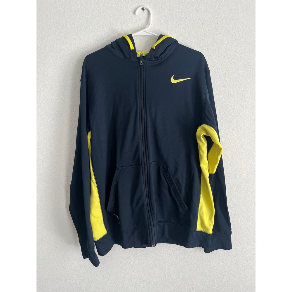 Nike Therma-FIT Hoodie‎ Mens Large Navy Blue Yellow Full Zip Fleece Sweatshirt